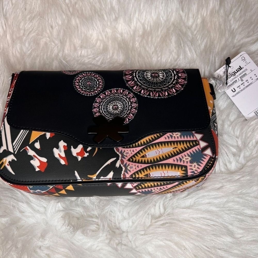 Desigual Bols Guernica Amorgos‎ Black Multi Mandala Embroidery Crossbody Bag NEW